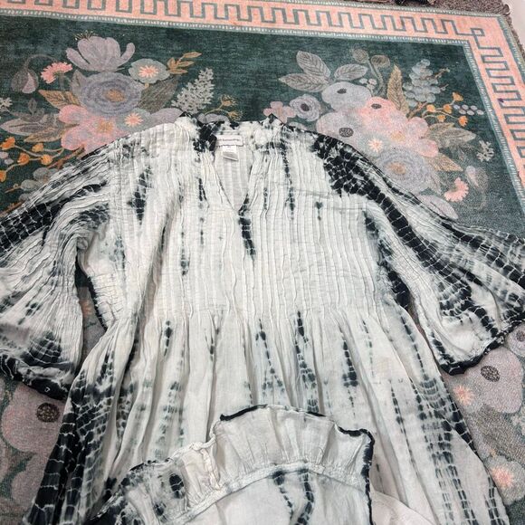 Soft Surroundings Marbella Dress XL Blue Navy Pintuck Ruffle Cotton Tie Dye boho - Picture 12 of 12